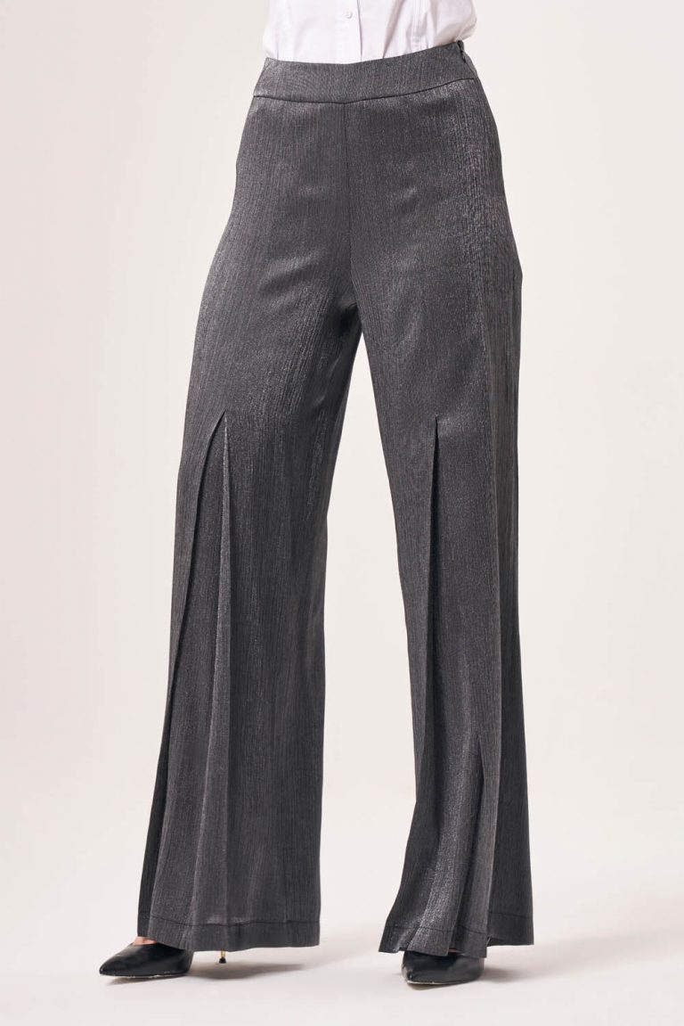 Mizalle Pileli Geniş Paça Parlak Gri Pantolon - Mizalle