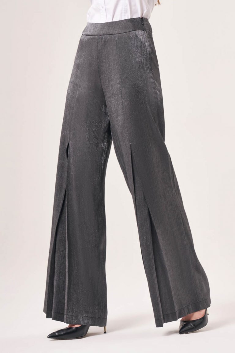 Mizalle Pileli Geniş Paça Parlak Gri Pantolon - Mizalle