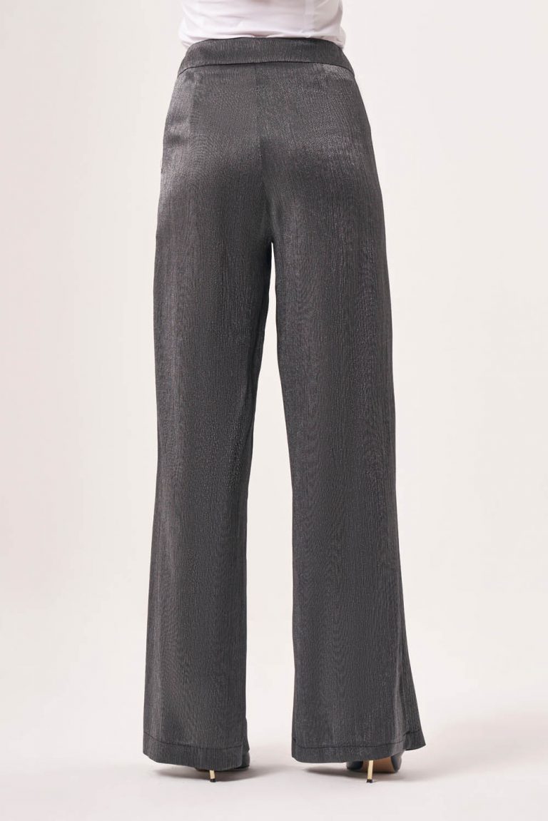 Mizalle Pileli Geniş Paça Parlak Gri Pantolon - Mizalle