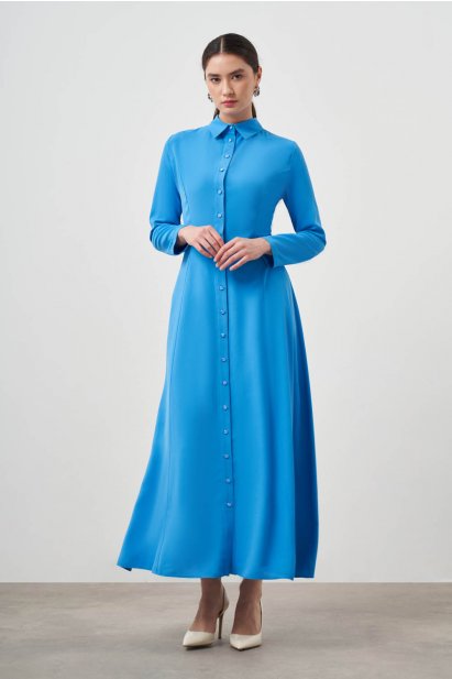 Mizalle Mavi Evaze Etekli Gömlek Elbise - Mizalle