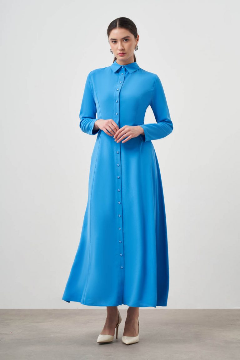 Mizalle Mavi Evaze Etekli Gömlek Elbise - Mizalle