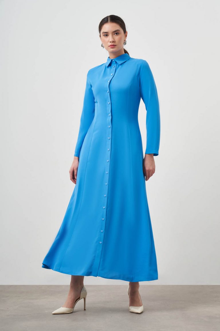 Mizalle Mavi Evaze Etekli Gömlek Elbise - Mizalle