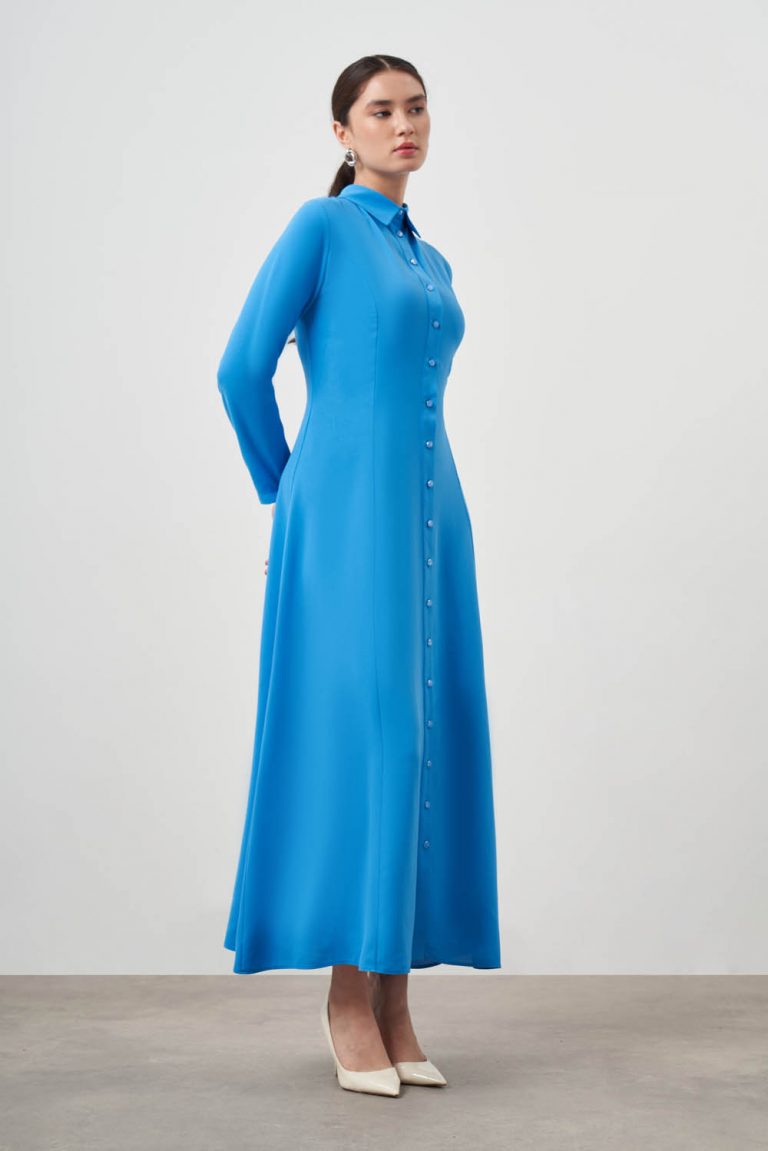 Mizalle Mavi Evaze Etekli Gömlek Elbise - Mizalle