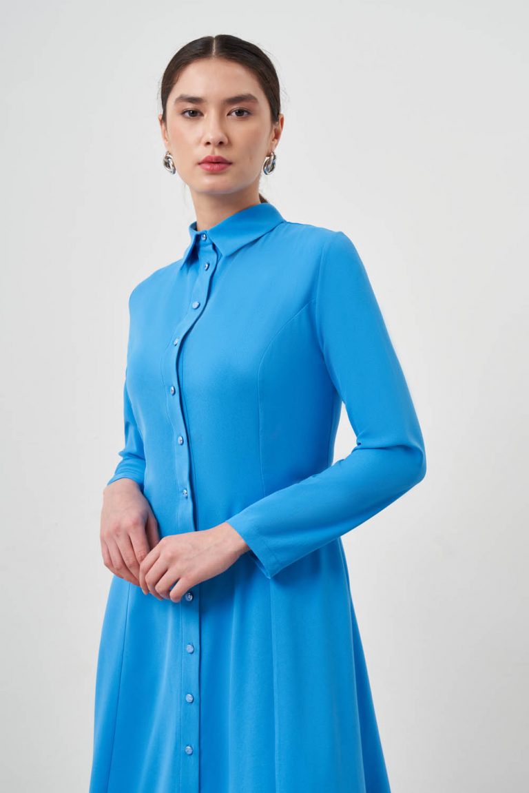 Mizalle Mavi Evaze Etekli Gömlek Elbise - Mizalle