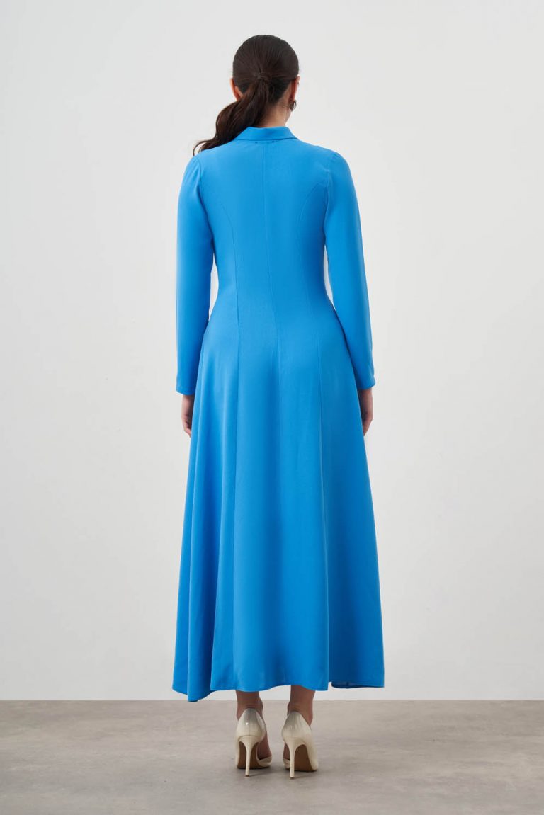 Mizalle Mavi Evaze Etekli Gömlek Elbise - Mizalle