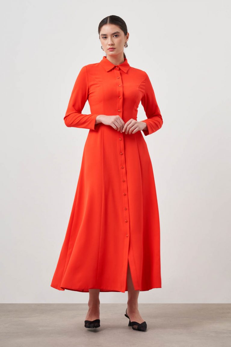 Mizalle Nar Çiçeği Evaze Etekli Gömlek Elbise - Mizalle