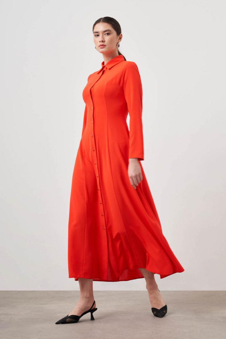 Mizalle Nar Çiçeği Evaze Etekli Gömlek Elbise - Mizalle