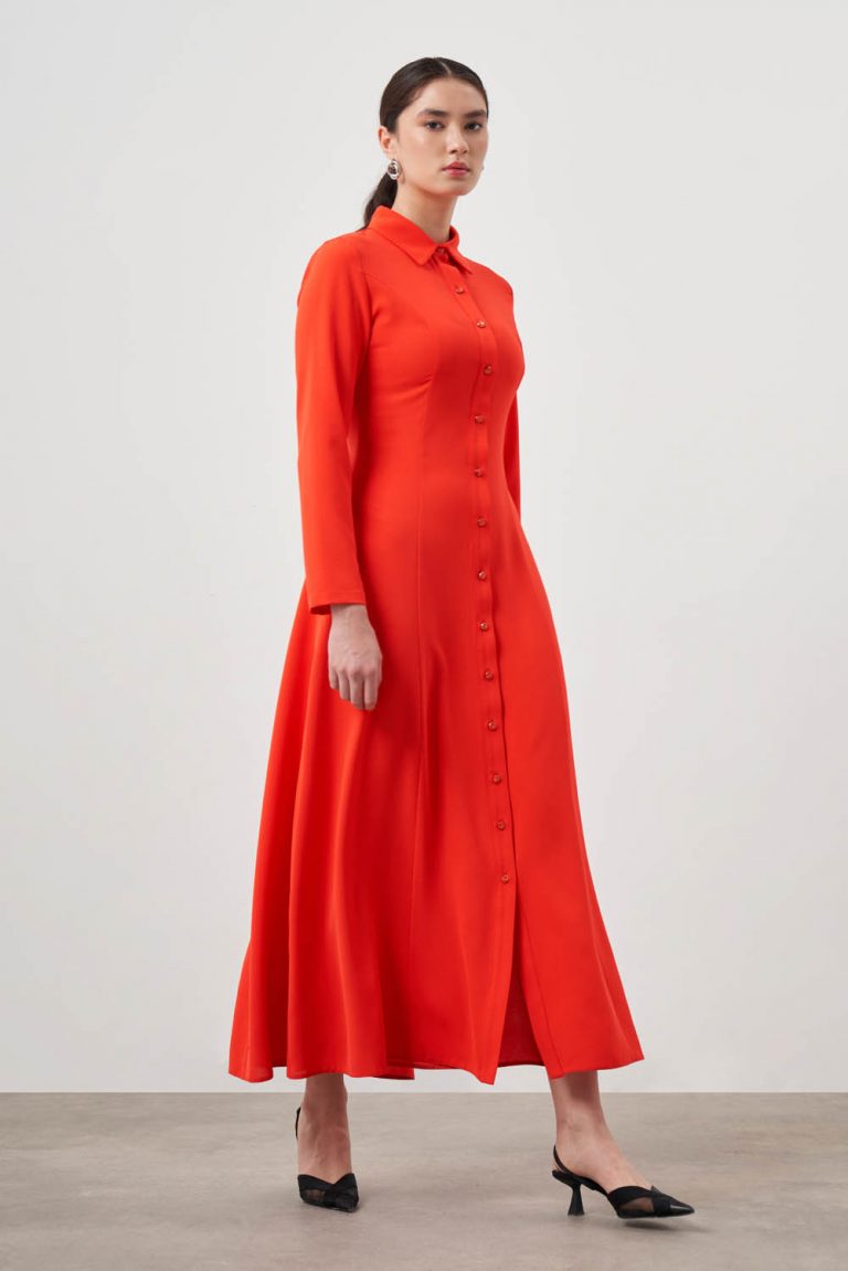 Mizalle Nar Çiçeği Evaze Etekli Gömlek Elbise - Mizalle