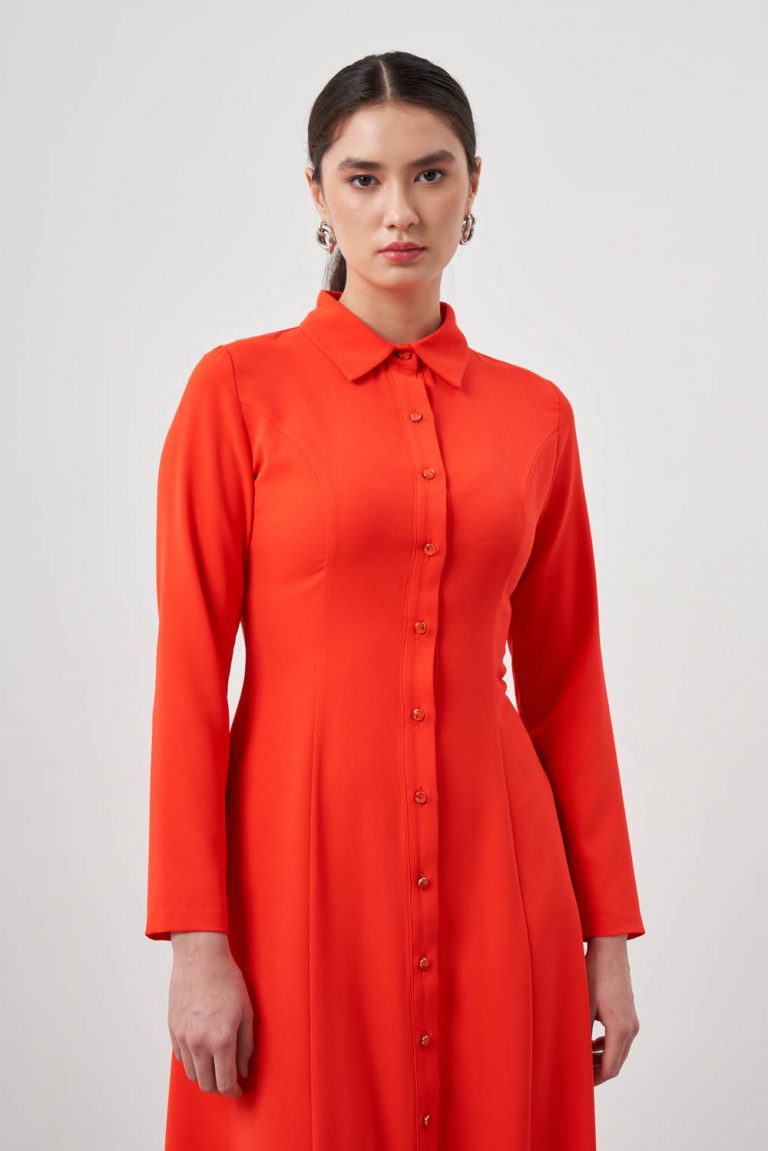 Mizalle Nar Çiçeği Evaze Etekli Gömlek Elbise - Mizalle