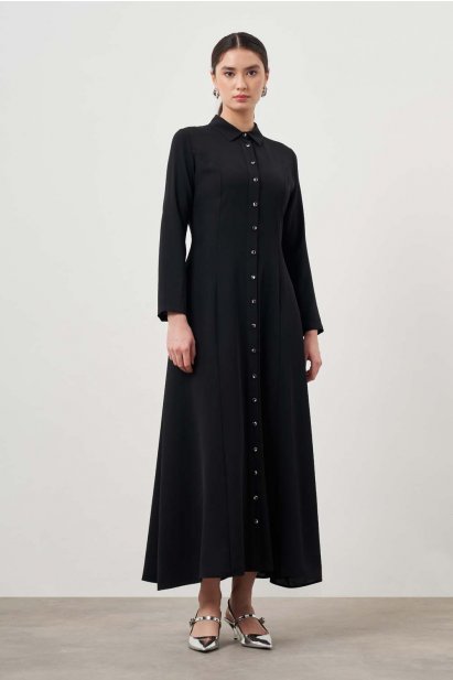 Mizalle Siyah Evaze Etekli Gömlek Elbise - Mizalle