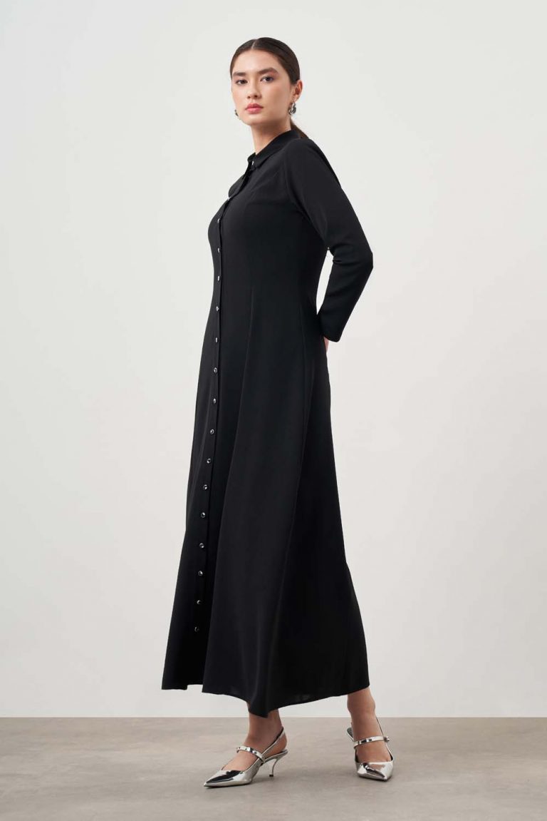 Mizalle Siyah Evaze Etekli Gömlek Elbise - Mizalle