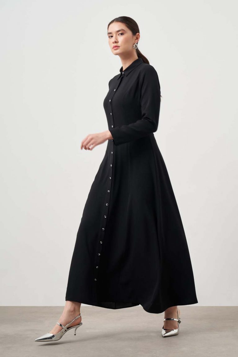 Mizalle Siyah Evaze Etekli Gömlek Elbise - Mizalle