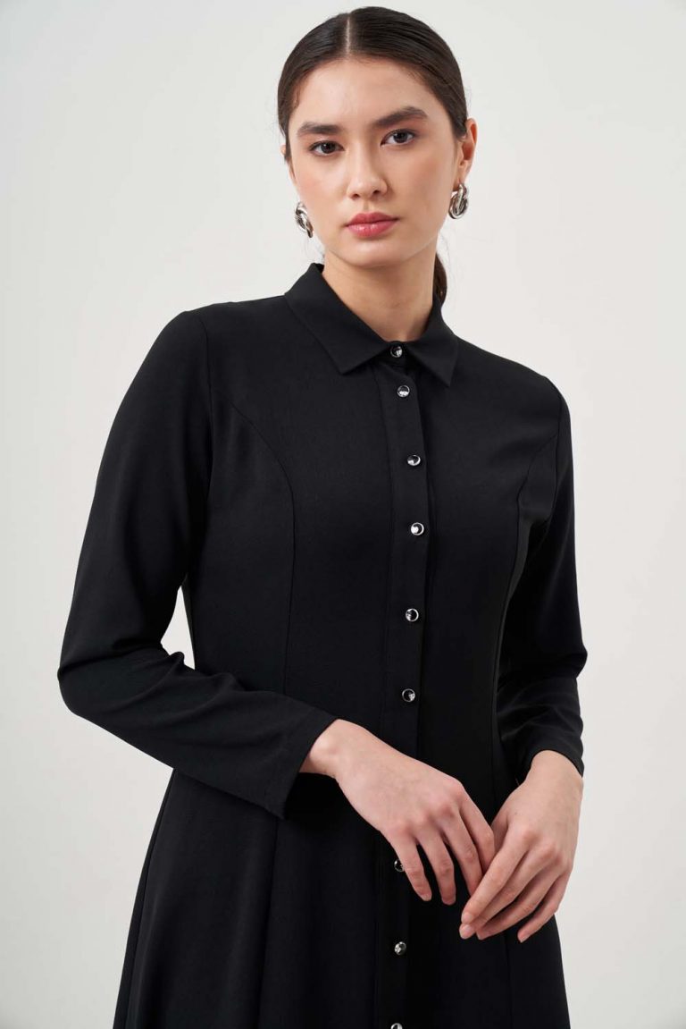 Mizalle Siyah Evaze Etekli Gömlek Elbise - Mizalle