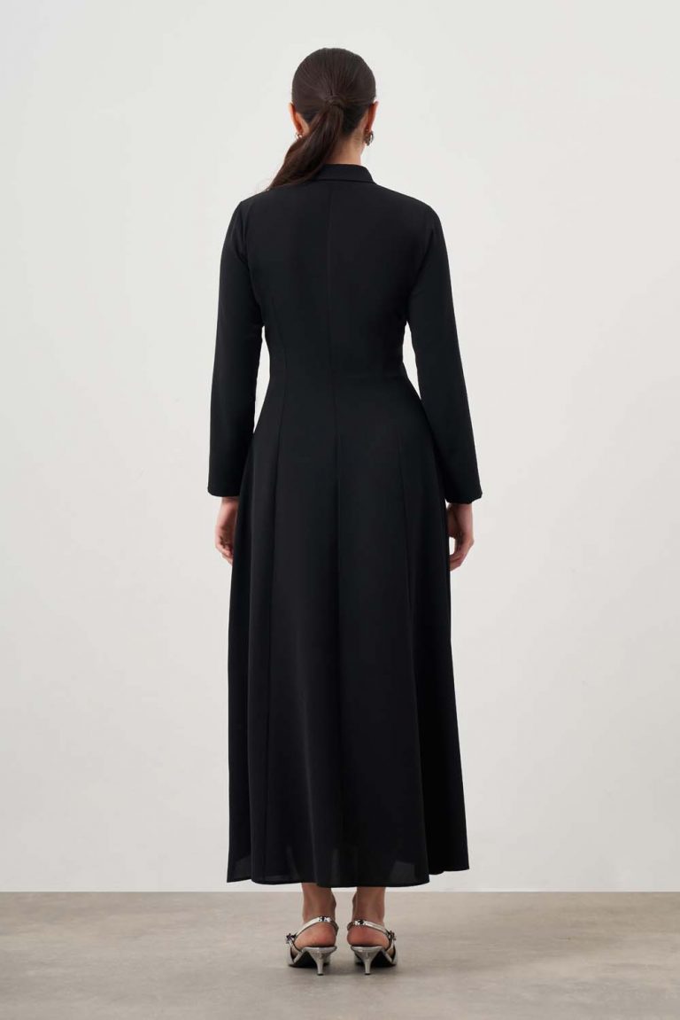 Mizalle Siyah Evaze Etekli Gömlek Elbise - Mizalle