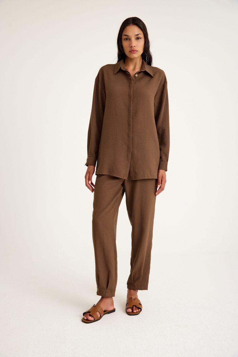 Mizalle Keten Görünümlü Rahat Kesim Kahverengi Jogger Pantolon - Mizalle