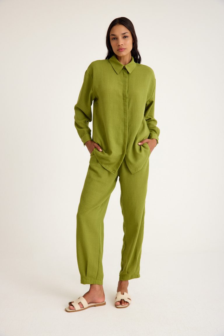 Mizalle Keten Görünümlü Rahat Kesim Açık Yeşil Jogger Pantolon - Mizalle