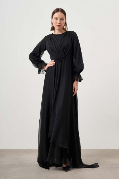 Pileli Abiye Siyah Elbise - Mizalle