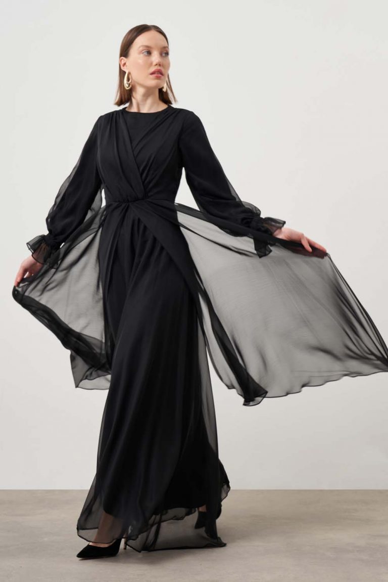 Pileli Abiye Siyah Elbise - Mizalle