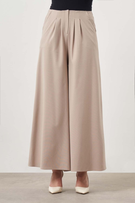 Mizalle Çift Pileli Geniş Paça Bej Rengi Pantolon - 4