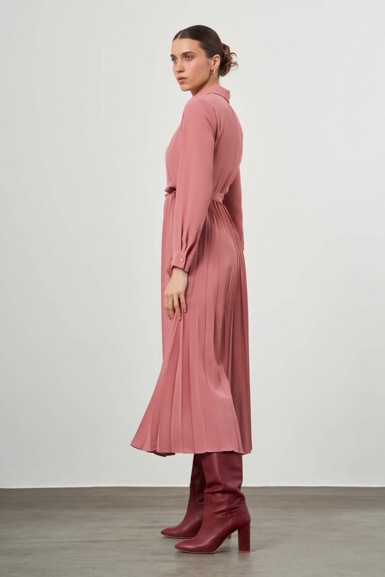 Mizalle Eteği Pliseli Gül Kurusu Şifon Maksi Gömlek Elbise - Mizalle