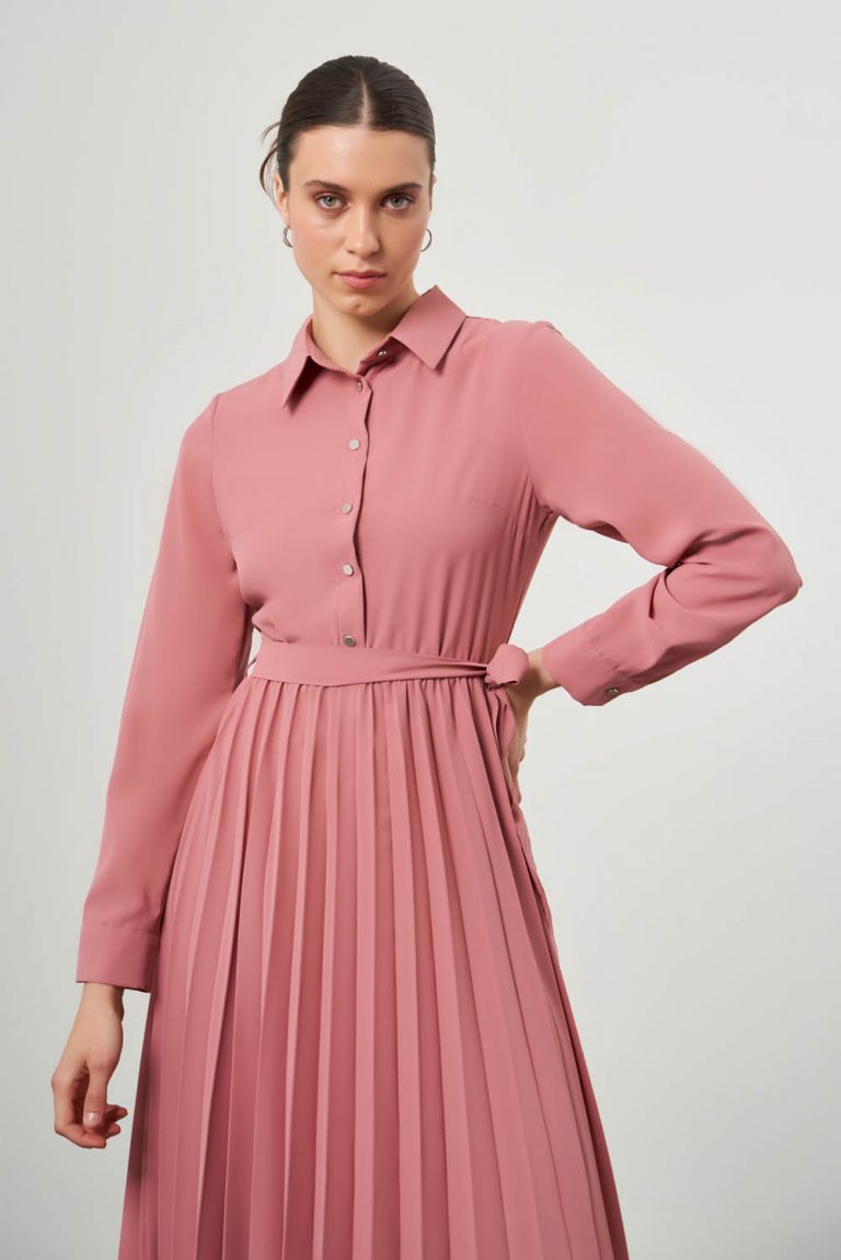 Mizalle Eteği Pliseli Gül Kurusu Şifon Maksi Gömlek Elbise - Mizalle