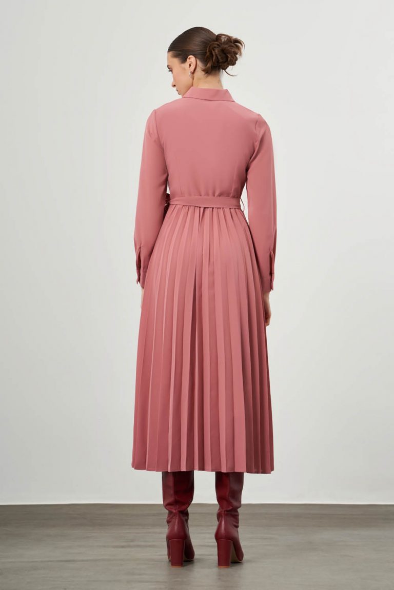 Mizalle Eteği Pliseli Gül Kurusu Şifon Maksi Gömlek Elbise - Mizalle