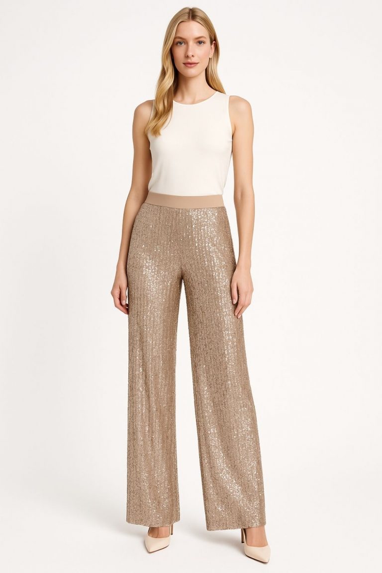 Mizalle Bej Rengi Full Payet Geniş Paça Pantolon - Mizalle