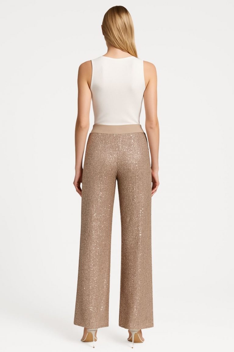 Mizalle Bej Rengi Full Payet Geniş Paça Pantolon - Mizalle