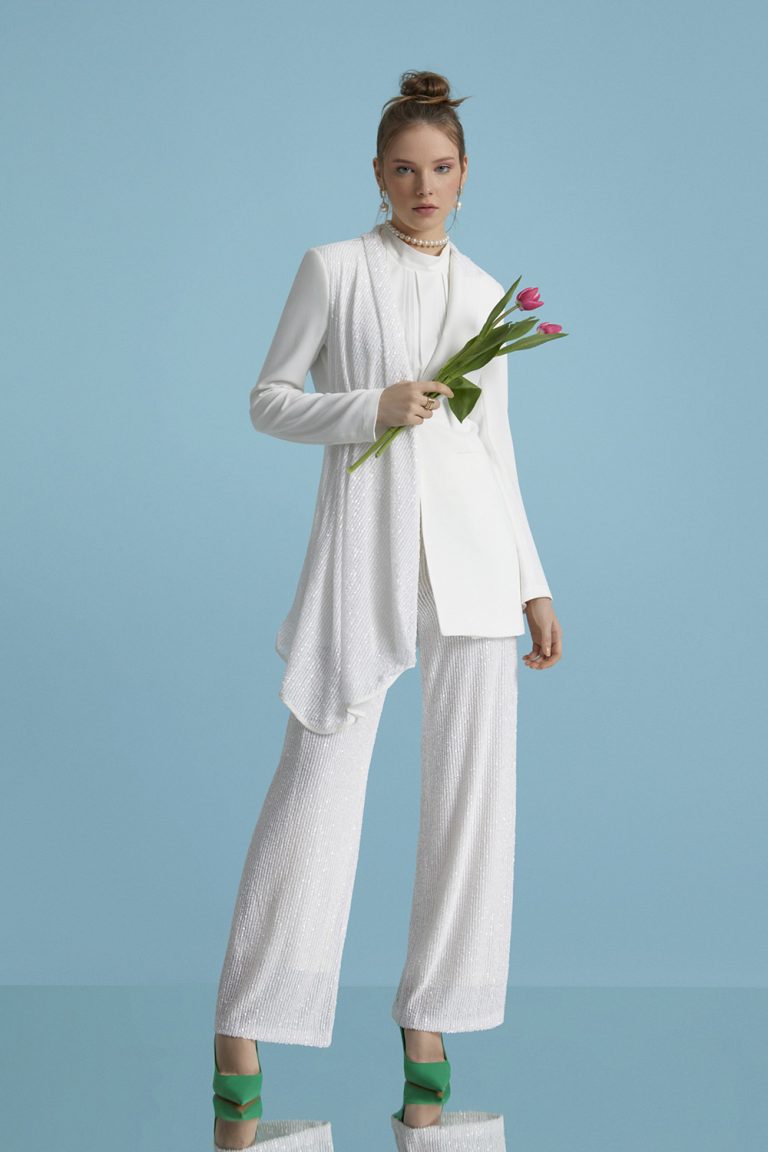 Mizalle Full Payetli Ekru Abiye Pantolon - Mizalle