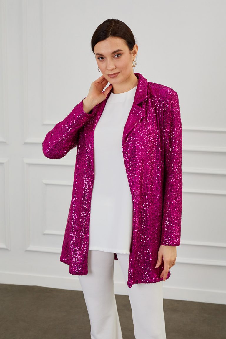 Mizalle Full Payet İşli Düğmesiz Fuşya Pembe Abiye Ceket - Mizalle