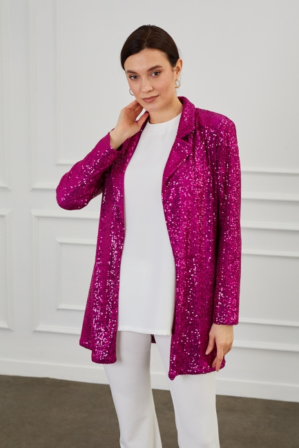 Mizalle - Mizalle Full Payet İşli Düğmesiz Fuşya Pembe Abiye Ceket Mizalle - Mizalle Full Payet İşli Düğmesiz Fuşya Pembe Abiye Ceket