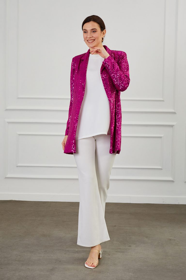 Mizalle Full Payet İşli Düğmesiz Fuşya Pembe Abiye Ceket - Mizalle