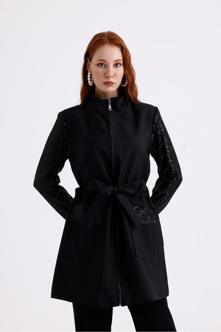 Mizalle Payet Detaylı Siyah Kuşaklı Şık Saten Ceket - Mizalle