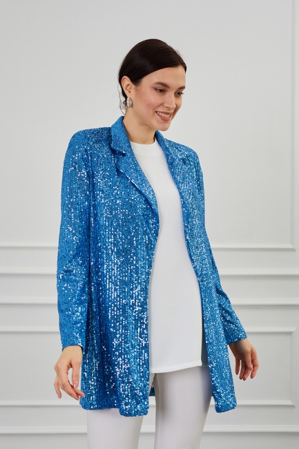 Mizalle - Mizalle Full Payet İşli Düğmesiz Mavi Pembe Abiye Ceket