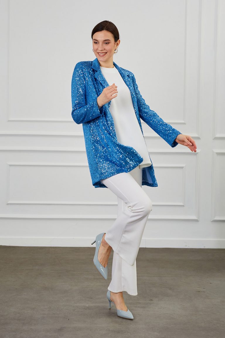 Mizalle Full Payet İşli Düğmesiz Mavi Pembe Abiye Ceket - Mizalle