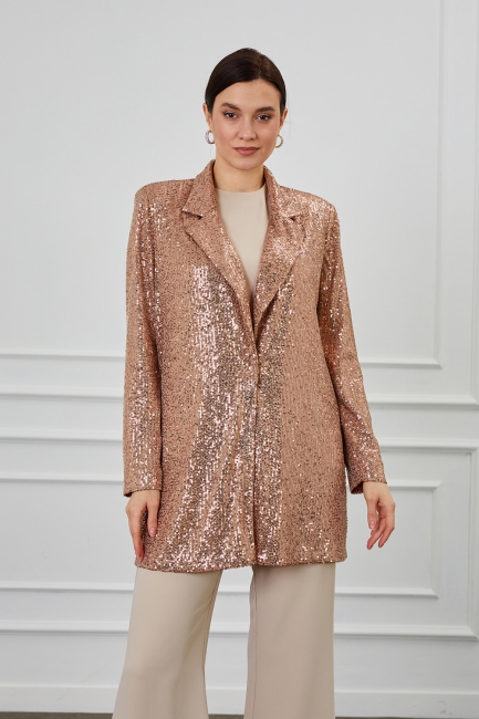Mizalle Full Payet İşli Düğmesiz Pudra Pembe Abiye Ceket - Mizalle