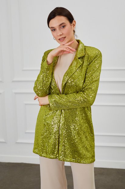 Mizalle Full Payet İşli Düğmesiz Yeşil Pembe Abiye Ceket - Mizalle