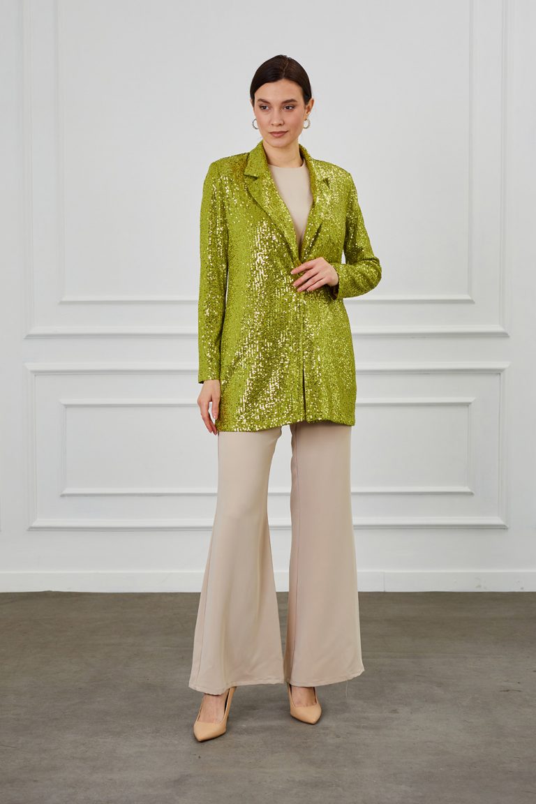 Mizalle Full Payet İşli Düğmesiz Yeşil Pembe Abiye Ceket - Mizalle