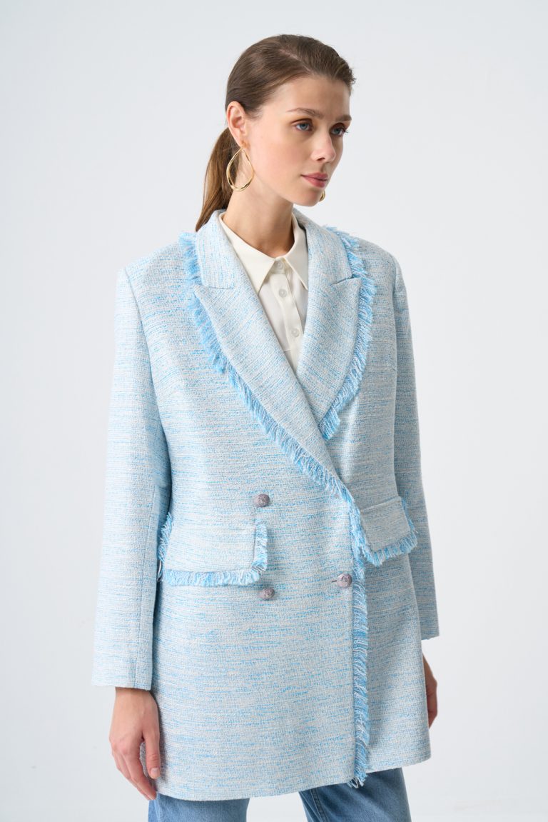 Mizalle Püskül Yakalı Mavi Tüvit Ceket - Mizalle