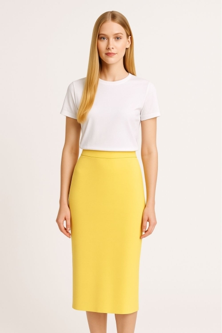 Mizalle - Mizalle Sarı Rayon Triko Midi Kalem Etek Mizalle - Mizalle Sarı Rayon Triko Midi Kalem Etek