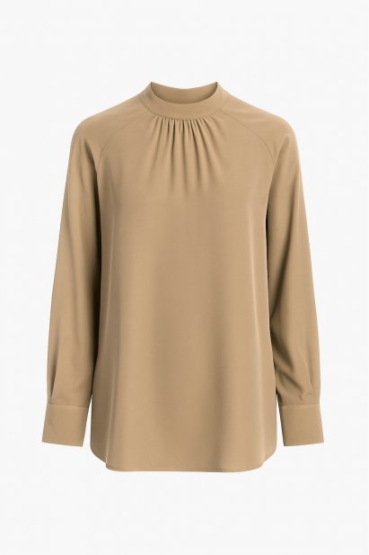 Mizalle Reglan Kollu Oversize Uzun Saten Yüksek Yaka Bej Rengi Bluz - Mizalle