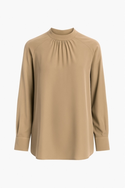 Mizalle - Mizalle Reglan Kollu Oversize Uzun Saten Yüksek Yaka Bej Rengi Bluz