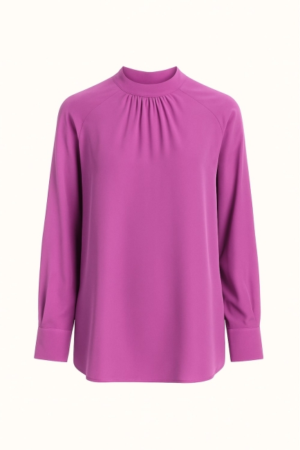 Mizalle - Mizalle Reglan Kollu Oversize Uzun Saten Yüksek Yaka Fuşya Bluz