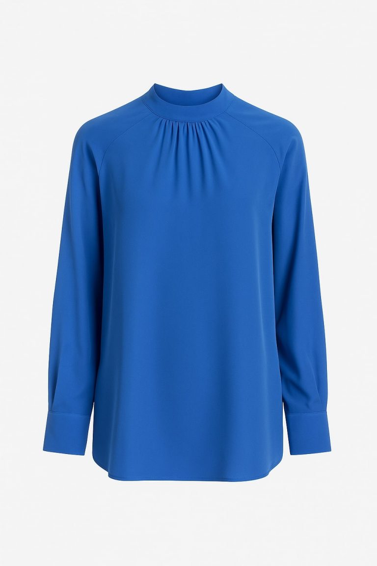 Mizalle Reglan Kollu Oversize Uzun Saten Yüksek Yaka Saks Mavisi Bluz - Mizalle