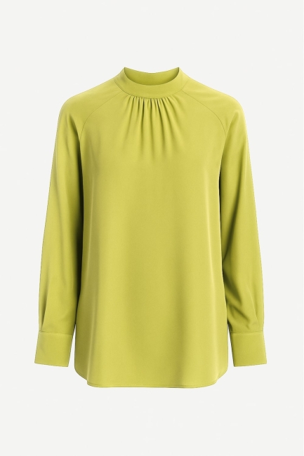 Mizalle - Mizalle Reglan Kollu Oversize Uzun Saten Yüksek Yaka Su Yeşili Bluz