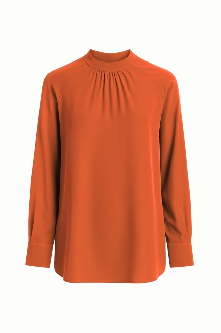 Mizalle - Mizalle Reglan Kollu Oversize Uzun Saten Yüksek Yaka Turuncu Bluz