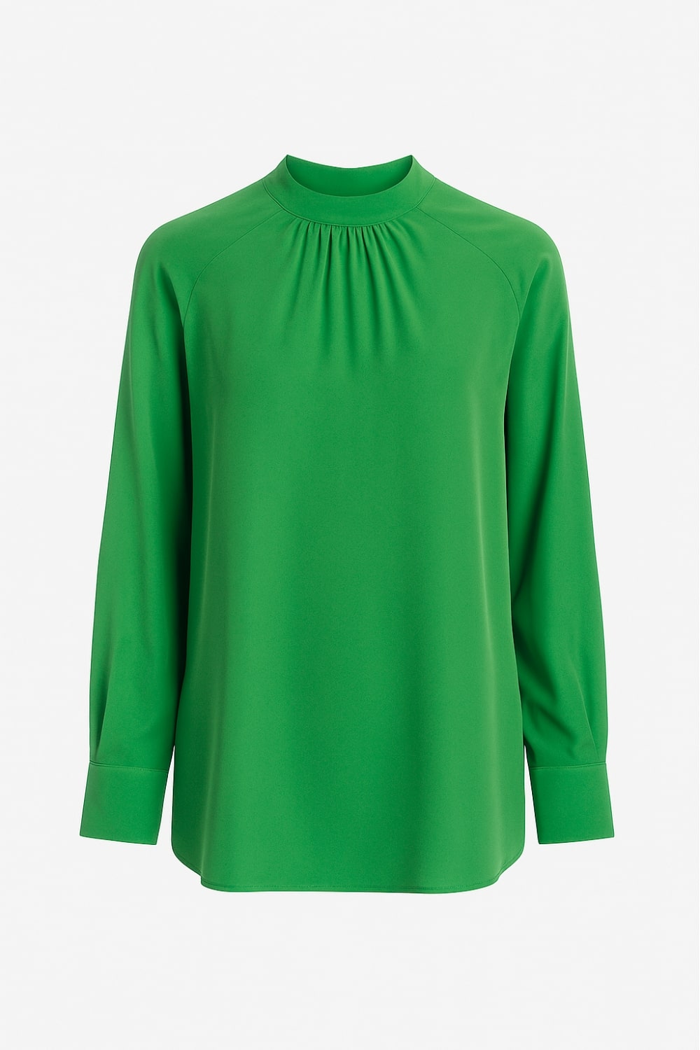 Mizalle Reglan Kollu Oversize Uzun Saten Yüksek Yaka Yeşil Bluz