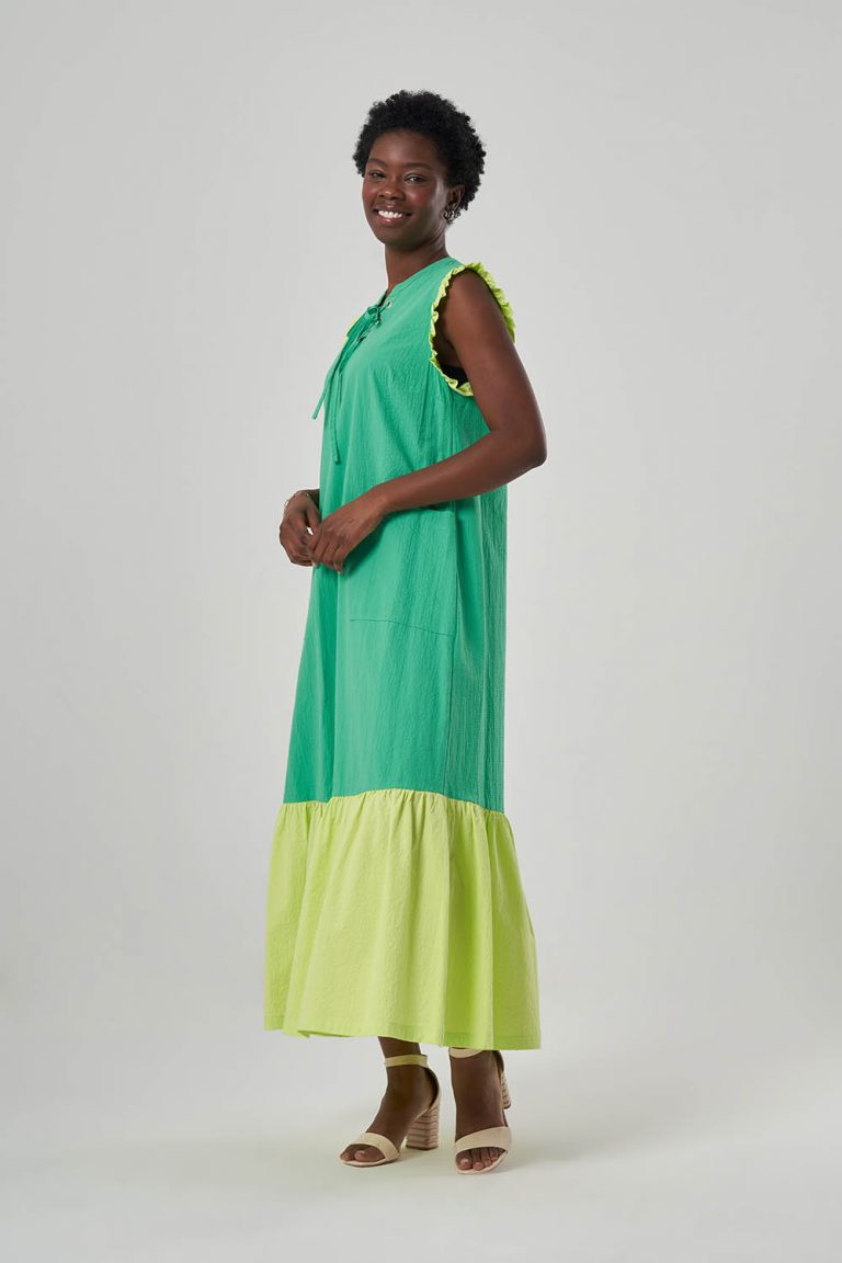 Mizalle Yeşil Sarı Renk Bloklu Kolsuz Yazlık Elbise - Mizalle