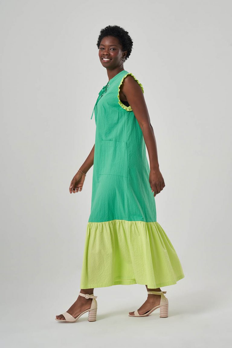 Mizalle Yeşil Sarı Renk Bloklu Kolsuz Yazlık Elbise - Mizalle