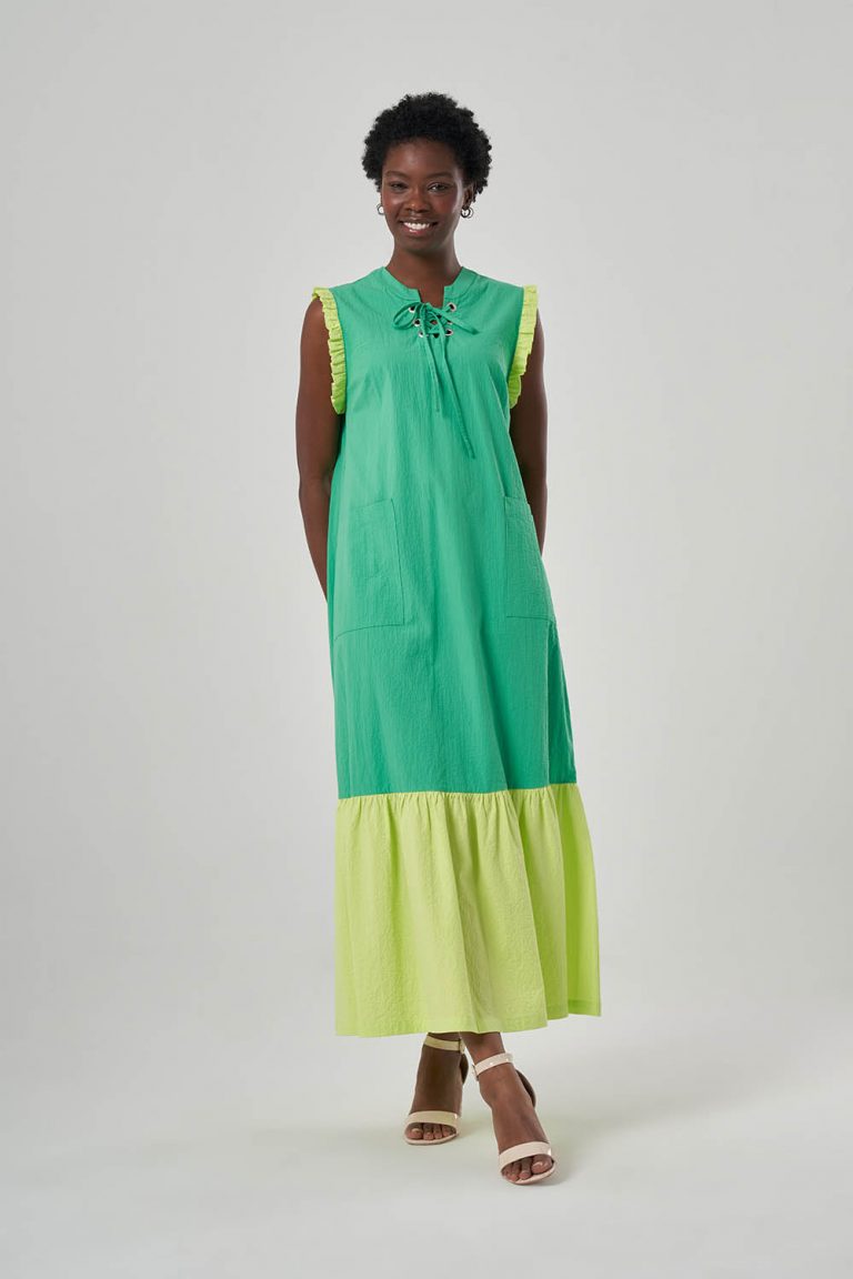 Mizalle Yeşil Sarı Renk Bloklu Kolsuz Yazlık Elbise - Mizalle